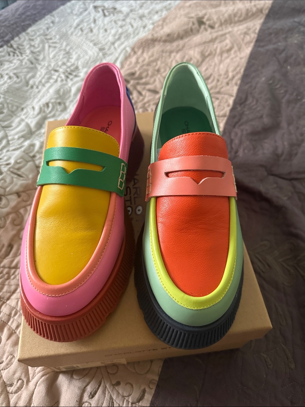 Charlotte Stone Colorblock Leather Penny Loafers - Pink, Green, Yellow, Coral - Picture 2 of 6